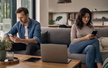 Coppia che discute con calma regole su privacy e uso degli smartphone