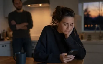 Donna in casa che legge messaggi mentre vive tensione emotiva dopo un tradimento