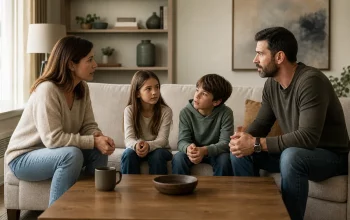 Genitori separati parlano con i figli in modo calmo durante un momento familiare delicato