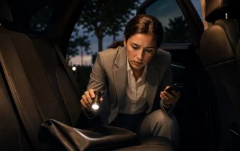 Persona che controlla l'auto con torcia e telefono per cercare un tracker nascosto