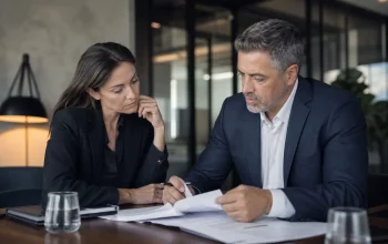 Due professionisti esaminano documenti di acquisto in un ufficio moderno con atmosfera riservata