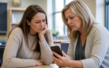 Genitore e insegnante osservano uno smartphone per affrontare un caso di molestie nel gruppo di classe