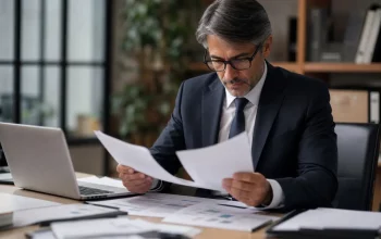 Investigatore aziendale esamina fatture e documenti di acquisto su un tavolo d’ufficio